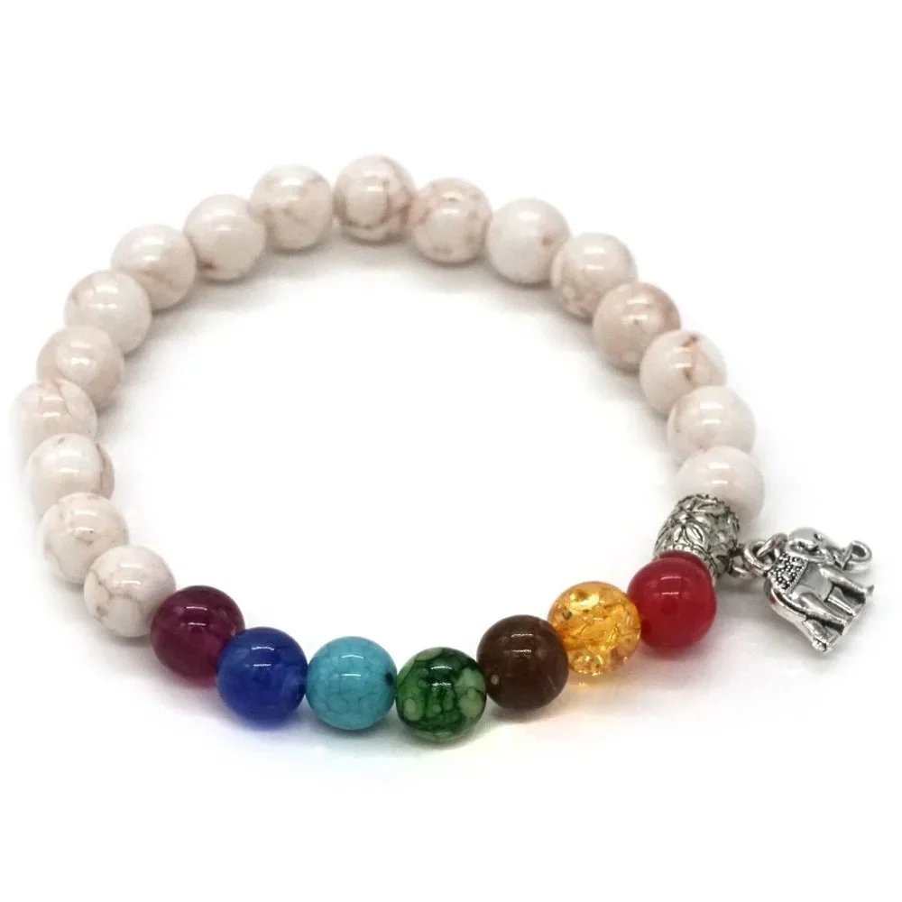 Bracelet Chakra Color Beads. Silver Elephant Charm. - Picture 1 of 2